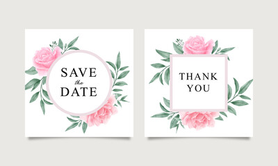 Fototapeta na wymiar save the date and thank you card template set with watercolor roses and leaves