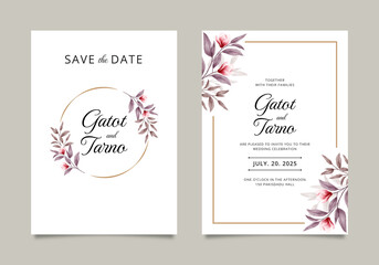 Minimalist wedding invitation set with leaf watercolor