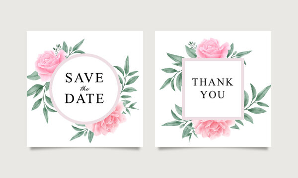save the date and thank you card template set with watercolor roses and leaves