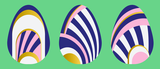 Luxurious Easter Eggs in Art Deco style. Set of 3 Easter Eggs with pattern. Abstract objects for design for Stickers, holiday cards, decor, posters, invitations. Easter collection with flat design. 