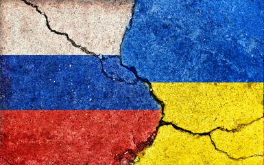 Russia vs Ukraine (War crisis , Political  conflict). Grunge country flag illustration (cracked concrete background) . - obrazy, fototapety, plakaty