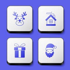 Set Reindeer, Merry Christmas house, Gift box and Santa Claus hat and beard icon. White square button. Vector