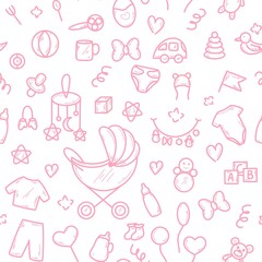 Baby doodle seamless pattern. Pink background girl with children s things and toys. Template for baby room, fabric, packaging and design