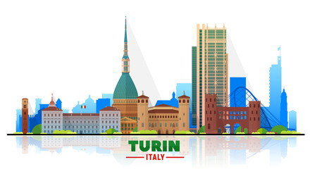 Turin, Italy skyline with panorama on white background. Vector Illustration. Business travel and tourism concept with modern buildings. Image for banner or web site
