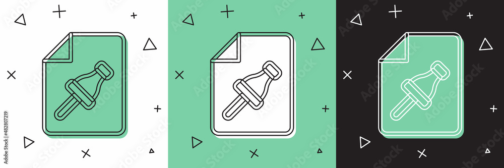 Aufkleber set note paper with pinned pushbutton icon isolated on white and green, black background. memo paper