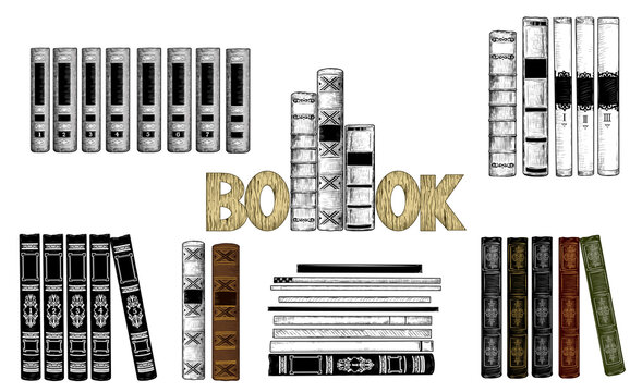 
Sketch of books. Collection of various book spines.  Hand-drawn vector illustration in vintage style. Isolated objects on white background. Clipart.