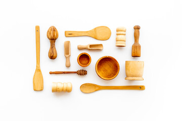 Cooking pattern with wooden kitchen utensils and cookware