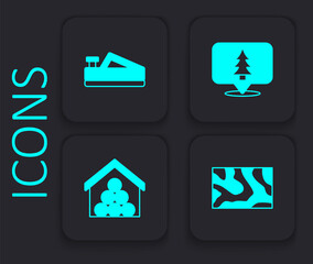 Set Wooden beam, plane tool, Location of the forest and logs icon. Black square button. Vector