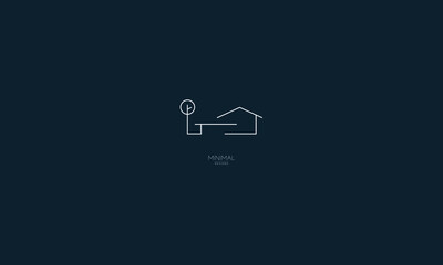 A line art icon logo of a house with a tree and garage.
