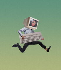 Contemporary art collage of man in office style clothes with retro computer, pc instead head...