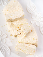 Sesame halva. Top view. Copy space. Traditional middle eastern sweets. Jewish, turkish, arabic national dessert. Turkish delight.