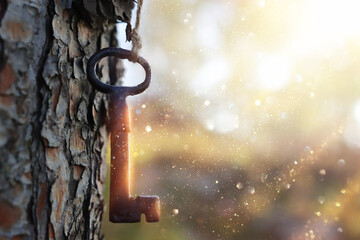 An ancient key hangs on a tree trunk in the forest