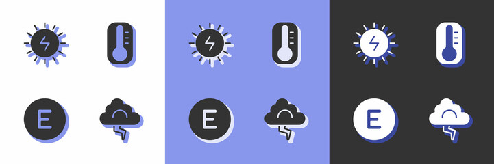 Set Cloud and lightning, Solar energy panel, Compass west and Thermometer icon. Vector