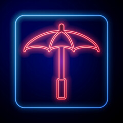 Glowing neon Sun protective umbrella for beach icon isolated on black background. Large parasol for outdoor space. Beach umbrella. Vector © Vadim