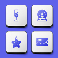 Set Glass of champagne, Christmas snow globe, star and Envelope icon. White square button. Vector