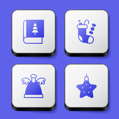 Set Christmas book, stocking, Angel and star icon. White square button. Vector