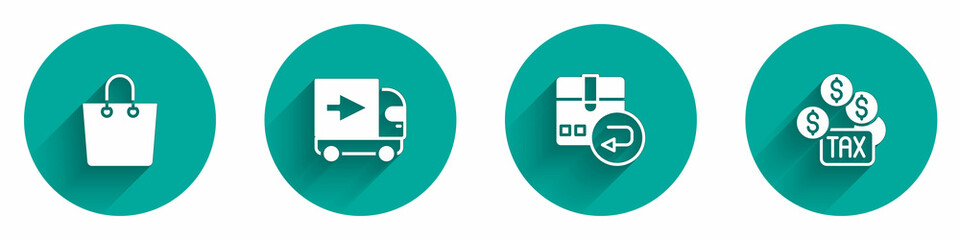 Set Paper shopping bag, Delivery cargo truck, Return cardboard box and Tax payment icon with long shadow. Vector