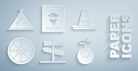 Set Road traffic signpost, Mexican sombrero hat, Old wooden wheel, Bomb ready to explode, Wanted western poster and Indian teepee or wigwam icon. Vector © Vadim