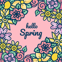 Fototapeta na wymiar Hello spring floral hand drawn and flat colorful banner or background vector illustration