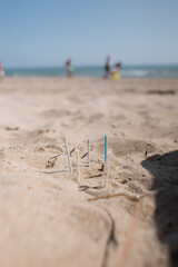 Fototapeta na wymiar Voluntarios recogiendo plástico en la playa. Ecologismo en las playas. Bastoncillos de los oidos