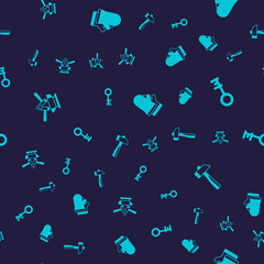 Set Anvil and hammer, Old key, Protective gloves and Hammer on seamless pattern. Vector