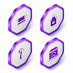 Set Isometric Blacksmith anvil tool, apron, Hammer and oven icon. Purple hexagon button. Vector