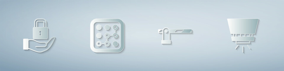 Set Lock, Graphic password protection, Parking car barrier and Fire sprinkler system. Paper art style. Vector