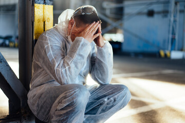 Despair healthcare worker in white covid protective overalls. Tired Male caucasian doctor grabs his...