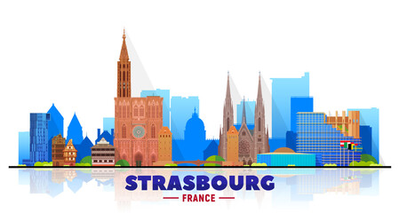 Strasbourg (France) city skyline vector at white background. Flat vector illustration. Business travel and tourism concept with modern buildings. Image for banner or website.