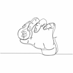 Continuous one simple single abstract line drawing of golden bitcoin in a business man hand icon in silhouette on a white background. Linear stylized.