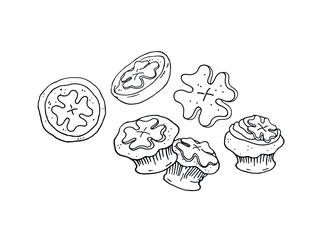Pastries, cupcakes and cookies with a clover symbol for St. Patrick's Day. Baked logo. Isolated vector black line element. 