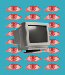 Contemporary art collage. Old-fashioned, retro computer, PC isolated over background with human...