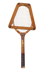Closeup of a antique vintage tennis racket made of wood in a stretching frame isolated on a white background. Approximately used in the 30s. Macro photograph.