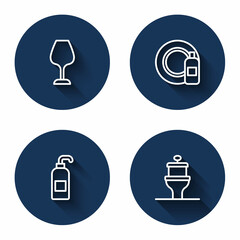 Set line Wine glass, Dishwashing bottle and plate, Antibacterial soap and Toilet bowl with long shadow. Blue circle button. Vector