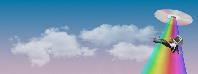 Young man, business man with retro computer, pc instead head flying isolated over cloud sky background. 80s, 90s style. Surrealism