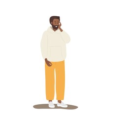 Admired man looking to something. Young African American wearing casual clothes. Man surprised and joyful. Colored cartoon flat vector illustration on white. Happy man looking at smth. Wow effect