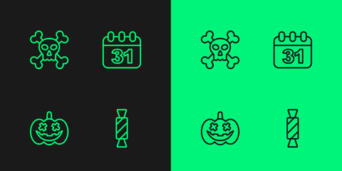 Set line Candy, Pumpkin, Skull on crossbones and Halloween date 31 october icon. Vector