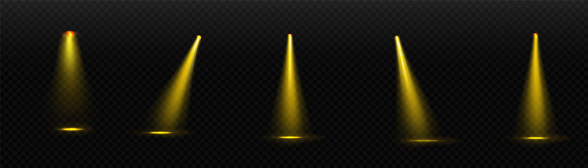 Set of spotlights isolated on transparent background. Vector glowing light effect with yellow rays.