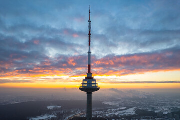 Aerial winter sunny morning sunrise view of Vilnius TV Tower, Lithuania