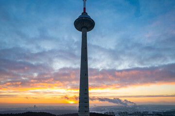 Aerial winter sunny morning sunrise view of Vilnius TV Tower, Lithuania