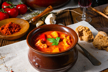 Hungarian goulash soup in a cauldron or pot