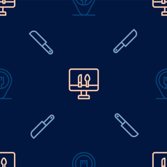 Set line Cafe and restaurant location, Knife and Online ordering food on seamless pattern. Vector