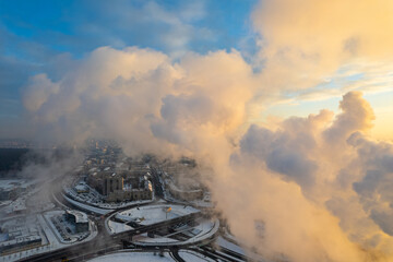 Aerial winter sunny morning sunrise view Vilnius, Lithuania