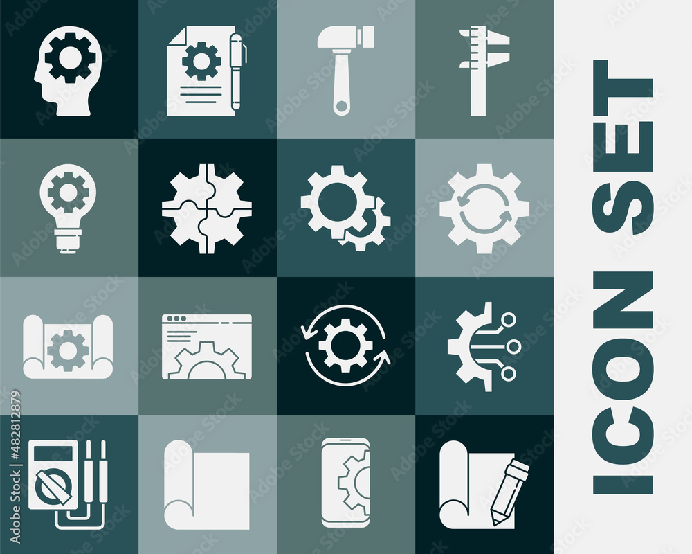 Poster set graphing paper and pencil, algorithm, gear arrows as workflow, hammer, light bulb gear, human he