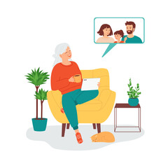 Fototapeta na wymiar Laughing gray-haired senior woman is talking on a video call with children through a tablet. Concept of remote communication with elderly. Modern technologies in retirement. Flat vector illustration