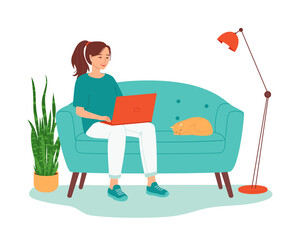 Young woman is working on a laptop on sofa. Remote work from home concept, freelance, distance education, courses, teaching, online shopping. Isolated flat vector illustration