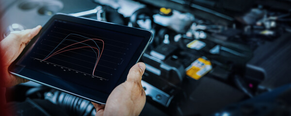 car engine ecu remapping and diagnostics. mechanic using digital tablet to check vehicle performance after chiptuning - obrazy, fototapety, plakaty