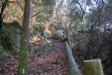 Access trail with handrails to access the Filveda waterfall, also known as the Frágua da Pena waterfall, Freguesia de Silvada, Sever do Vouga, district of Aveiro. Portugal