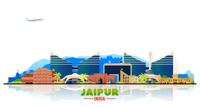 Jaipur India skyline at white background. Flat vector illustration. Business travel and tourism concept with modern buildings. Image for banner or web site.