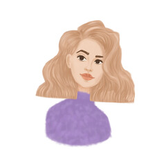 A young girl in a trendy lilac sweater. Blond hair woman. Raster illustration isolated on white.